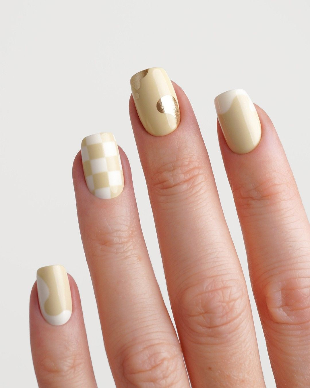 Creamy Checkers Short Square Soft Gel Press Ons