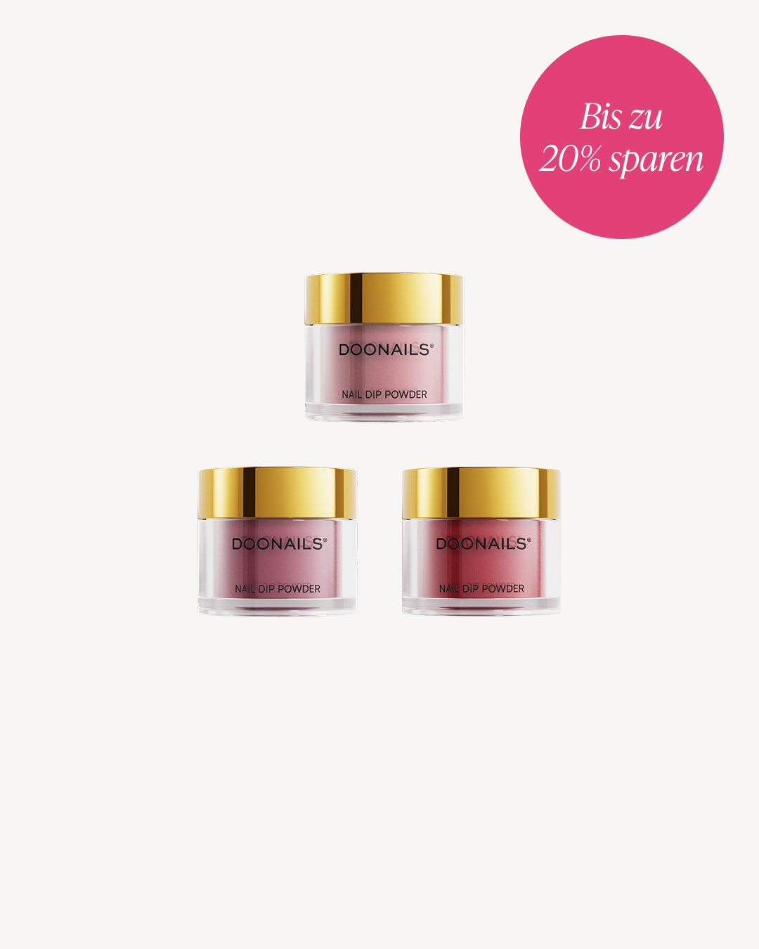 Drei Dipping Powder Dosen mit Text "Bis zu 20% sparen".