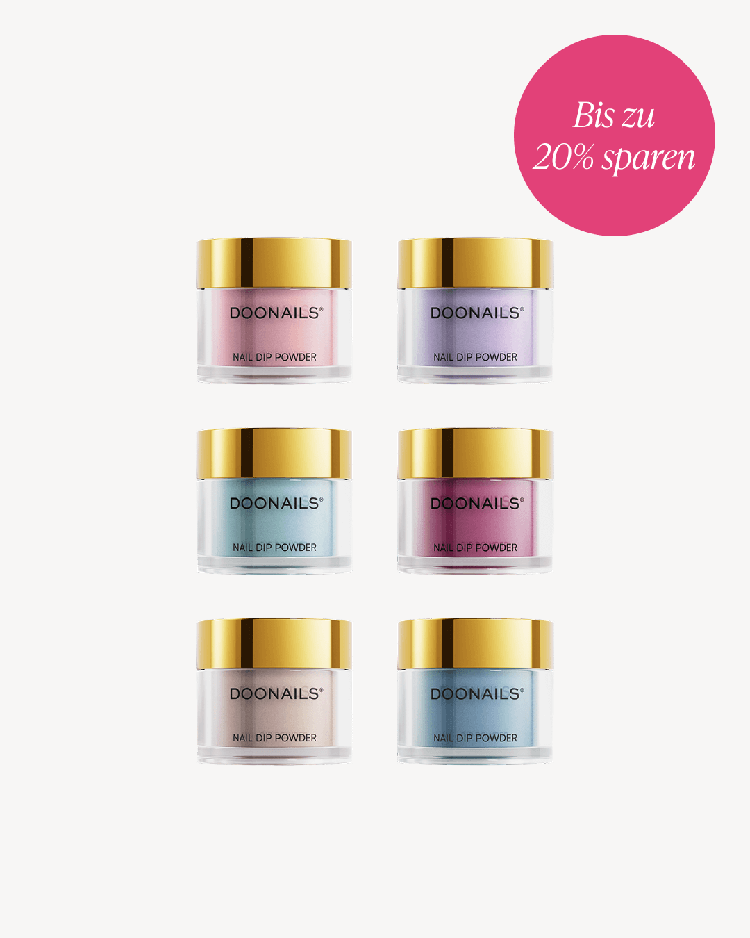 Sechs Dipping Powder Dosen mit Text "Bis zu 20% sparen".