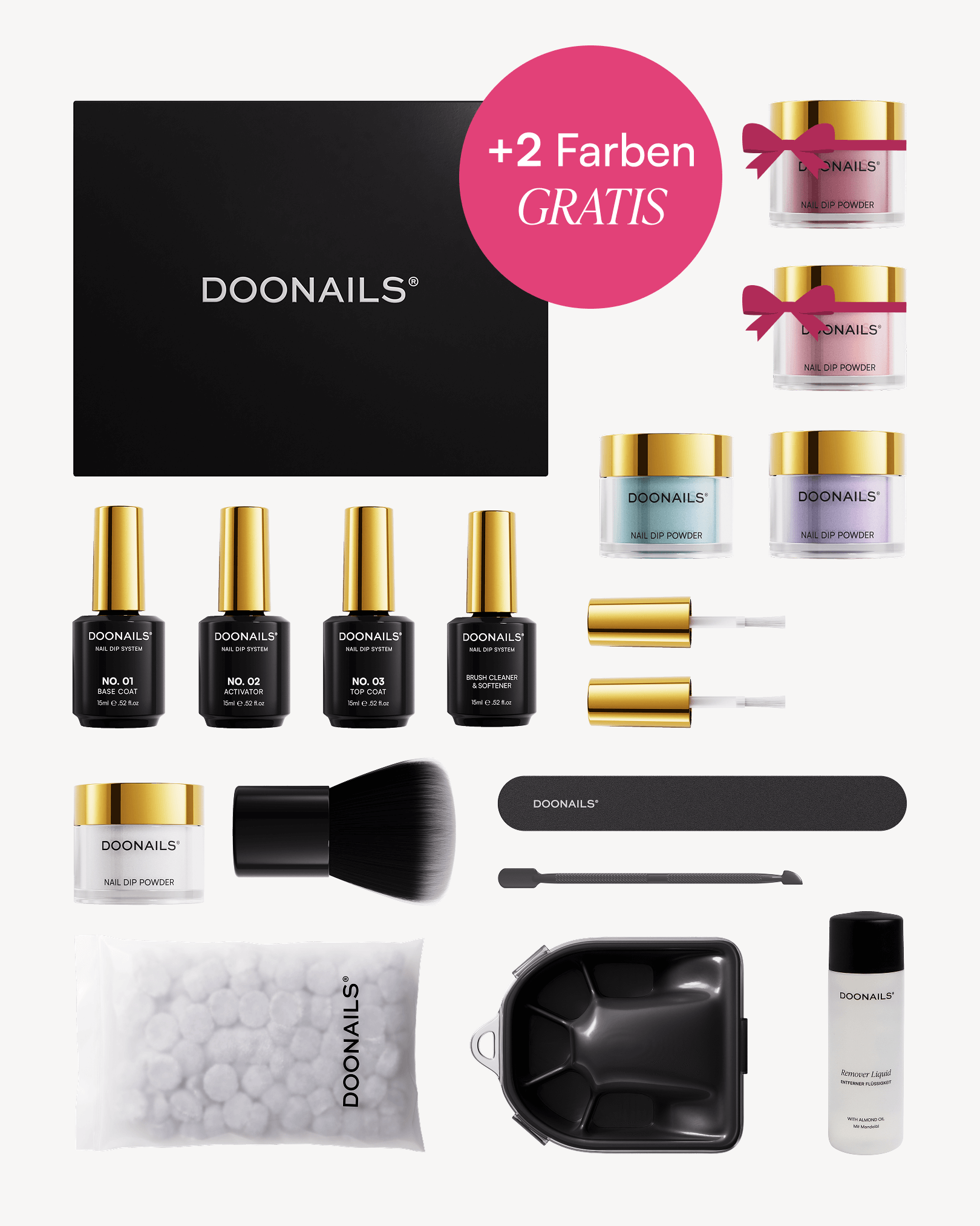 Frühlingshaftes Set mit pinken Highlights und kompletter Abbildung des Inhalts des Sets wie zum Beispiel vier Dipping Powder.