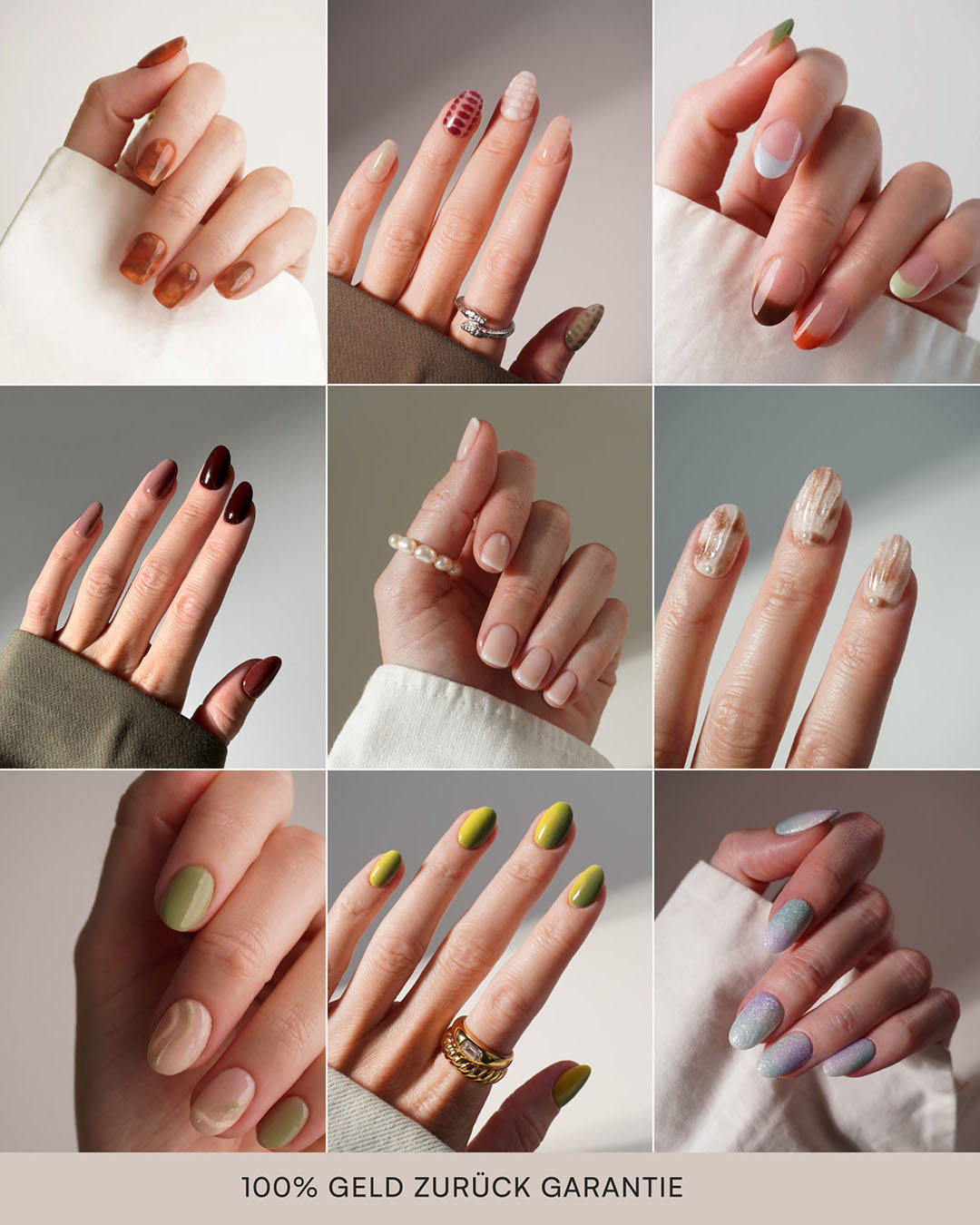 Verschiedene Inspirationsbilder von Dipping Powder Farben und Nageldesigns. Darunter ein herbstliches French Design.