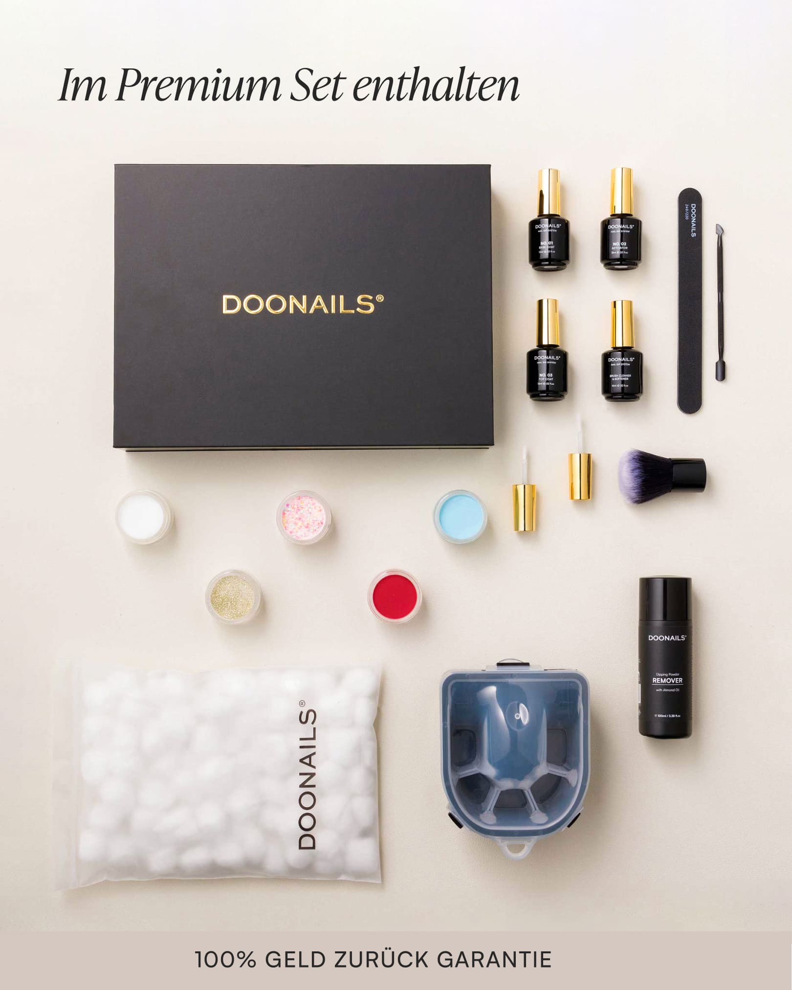 Inhalt des Premium Dipping Powder Sets wie unter anderem 4 Dipping Farben und Liquids. 