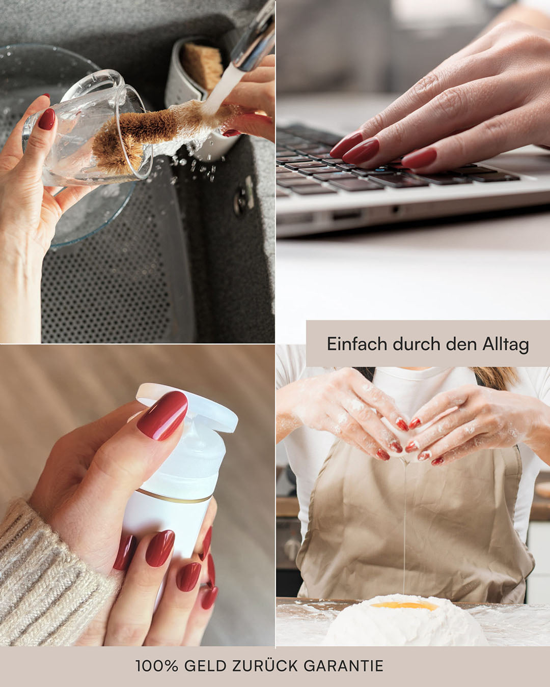 Fotos der Dipping Powder Nägel im Alltag wie man am Laptop arbeitet, etwas öffnet, backt und Geschirr spült.