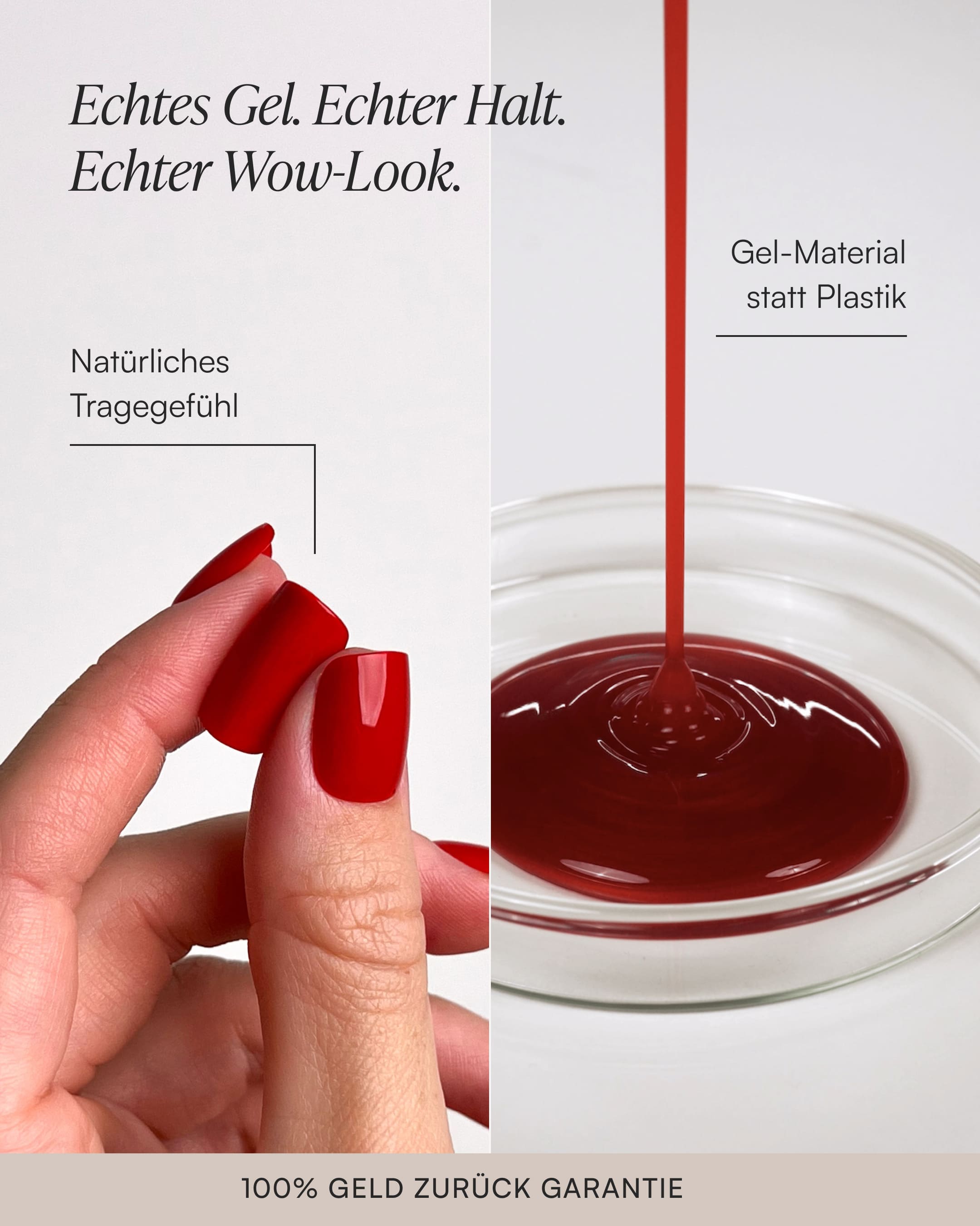 Hand biegt roten Press On mit Text „Natürliches Tragegefühl“, daneben rotes, flüssiges Gel mit „Gel-Material statt Plastik“.