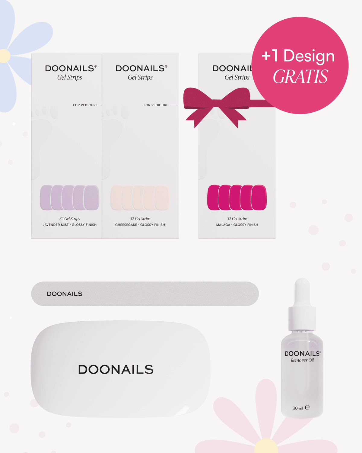 Frühlingshaftes Set mit Blumen und pinken Highlights: Drei Gel Strips Packungen, Nagelfeile, UV Lampe und Entferner Öl.