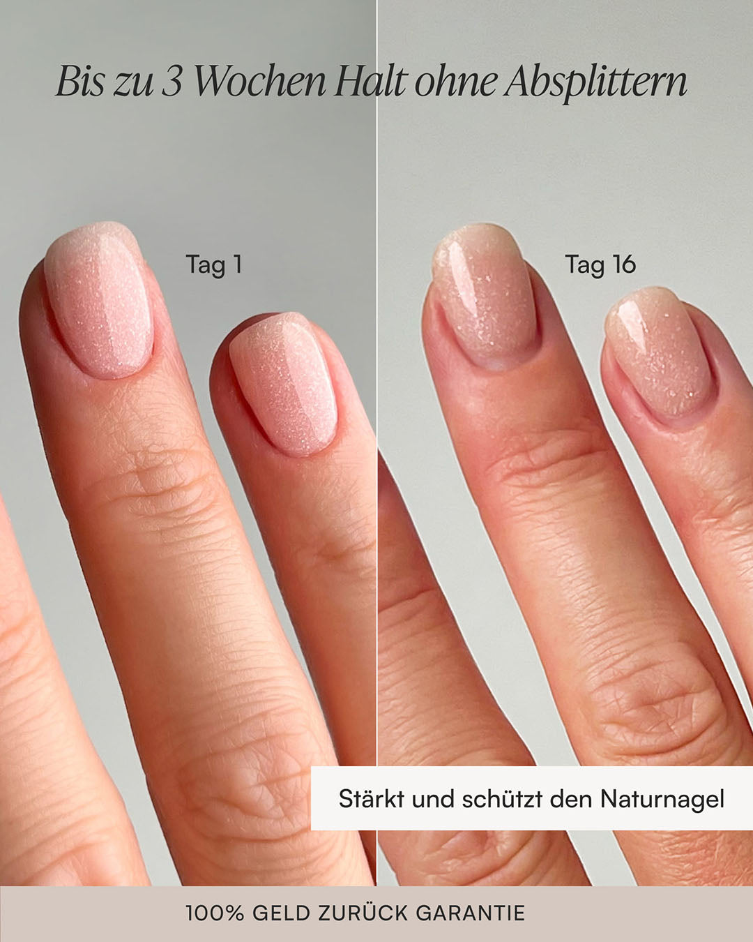 Vergleich von Nägeln nach 1 Tag und nach 16 Tagen, Text: bis zu 3 Wochen Halt ohne Absplittern. Stärkt und schützt Naturnagel