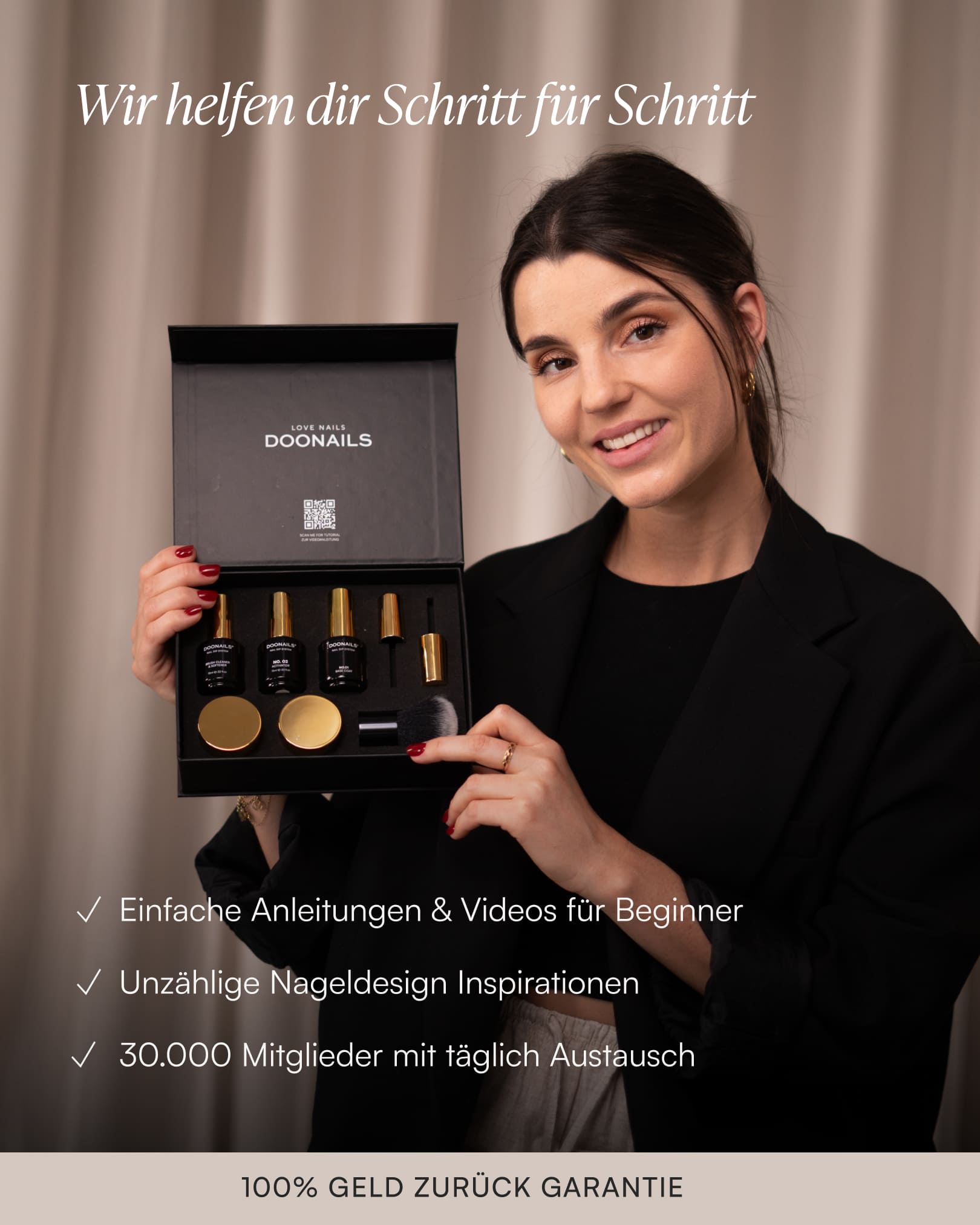 Bild von der Gründerin Elisa mit dem Starter-Set in der Hand, Text: Wir helfen dir mit guten Anleitungen und Videos.