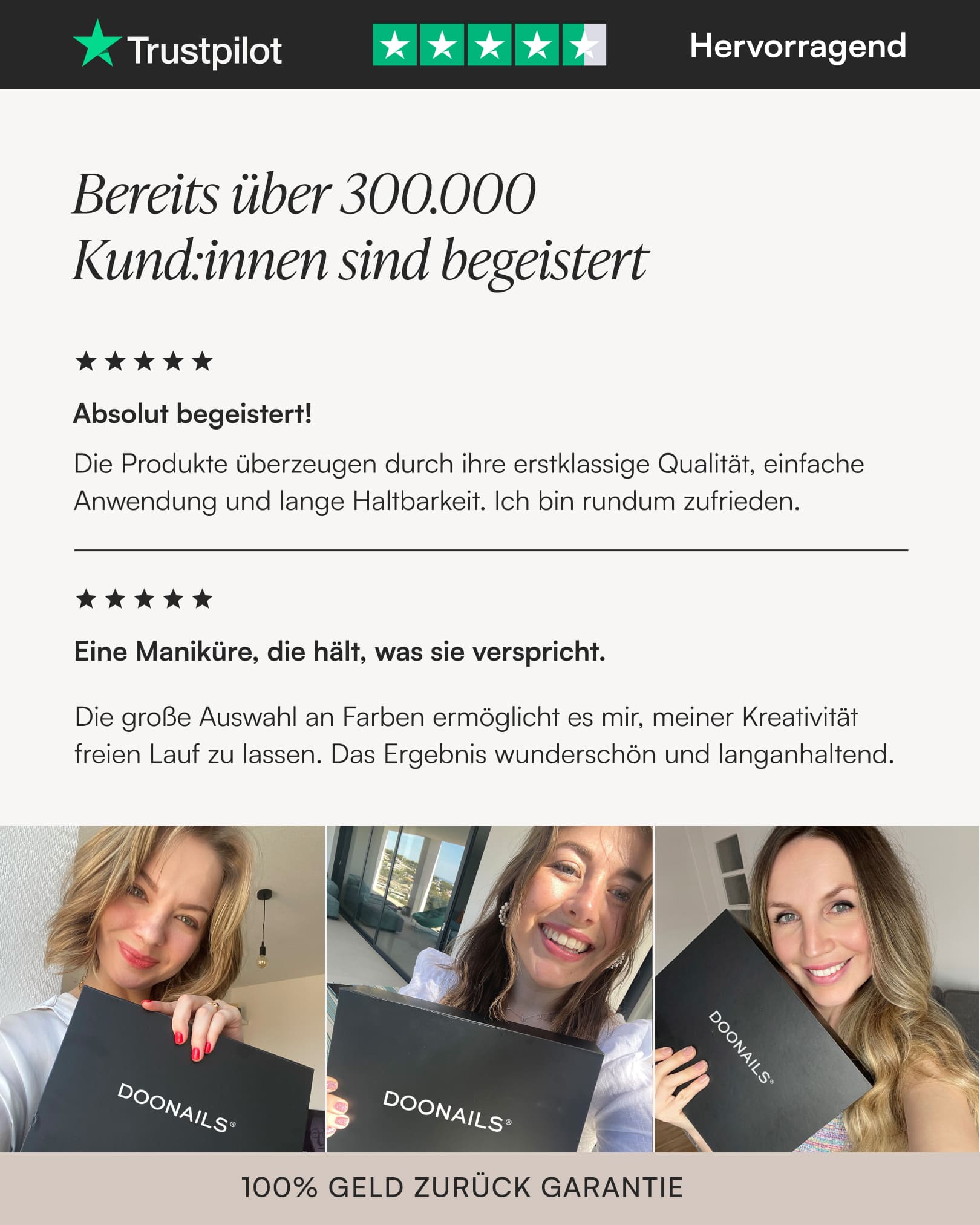 Trustpilot mit 4,5 Sternen und Kundenbilder. Über 300.000 Kund:innen sind begeistert und finden das Dipping Powder toll. 