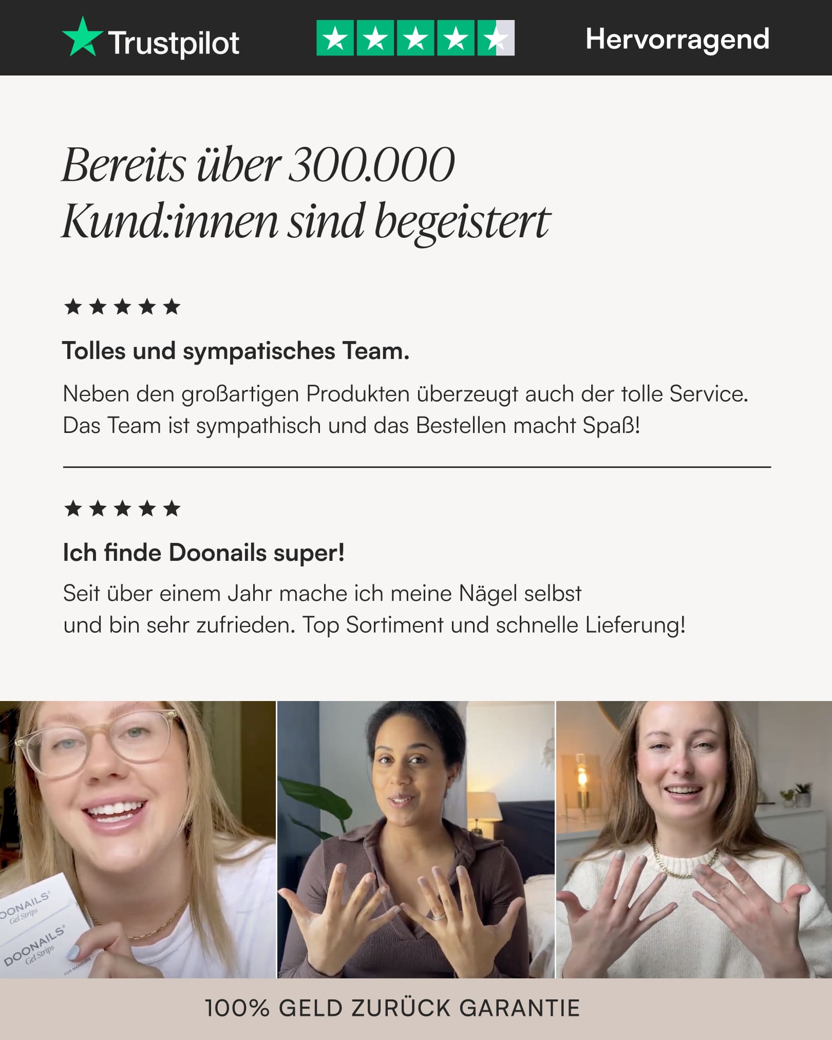 Trustpilot mit 4,5 Sternen und Kundenbilder. Über 300.000 Kund:innen sind begeistert und finden die Gel Strips super.