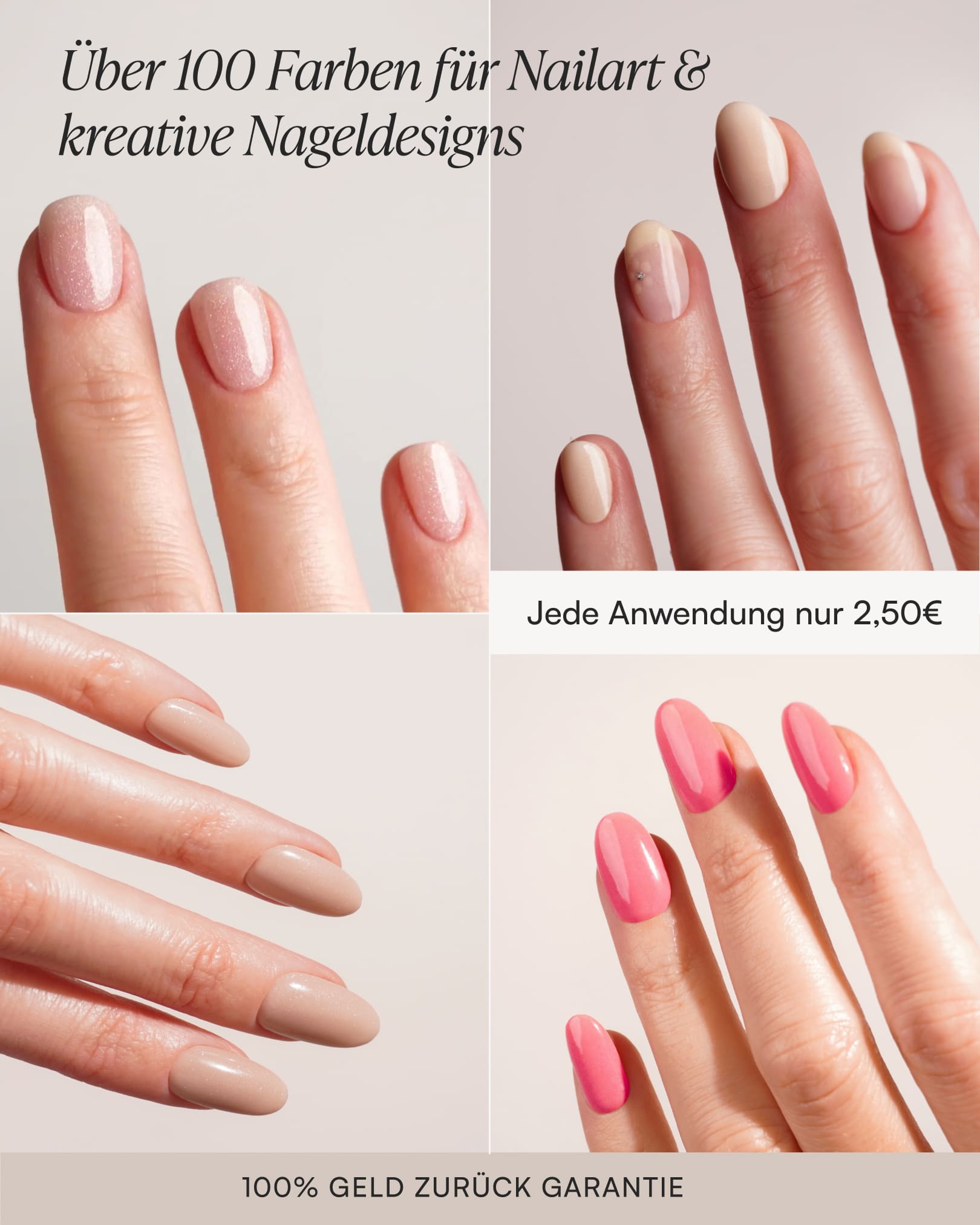 Vier verschiedene Bilder die unterschiedliche Designs und Farben zeigen mit Text "Jede Anwendung nur 2,50€".