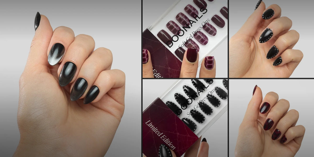 Limited Edition Dracula: Black Cat Eye, Red Mosaic Amber, Oxblood Studs und Venomous Plum Soft Gel Press Ons