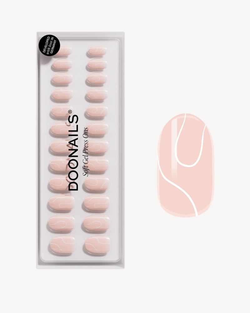 White Swirl Medium Round Soft Gel Press Ons - Doonails